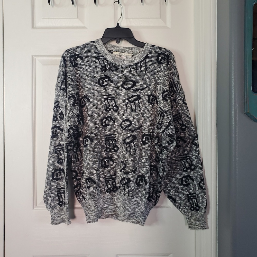 Vintage Knit Sweater Black Gray Music Notes Pattern Crew Neck Old Money Classic